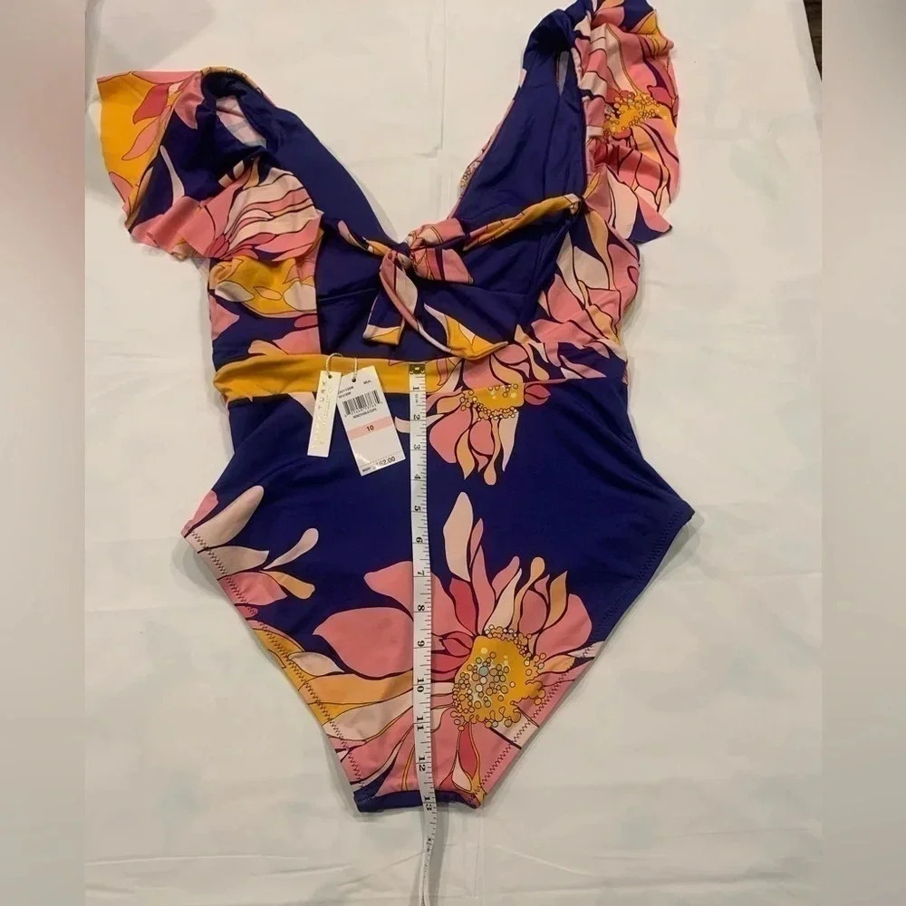 TRINA Turk BREEZE RUFFLE PLUNGE ONE PIECE Size 10 - Picture 2 of 4
